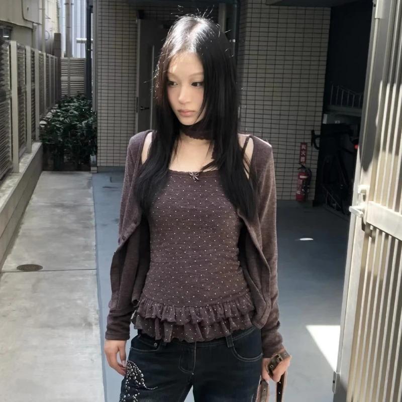 Japanisches Y2k Gestricktes Vintage Harajuku Knopf Strick T-Shirt Sets Koreanischer Stil Strickwaren Amerikanisch