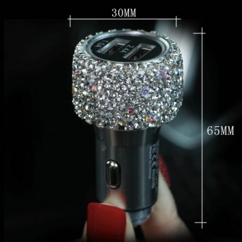 5V 2.1A Dual USB Fast Car Charger 2 USB Port Aluminum Alloy Charging Adapter - Crystal Rhinestone Car Charger