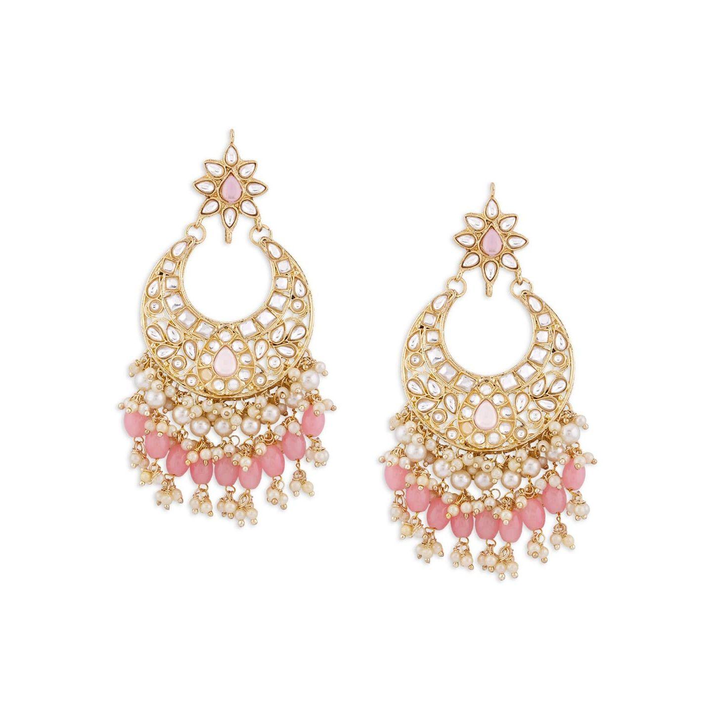 Pink Cluster Beads Drop Kundan Crescent Dangle Earring For Women