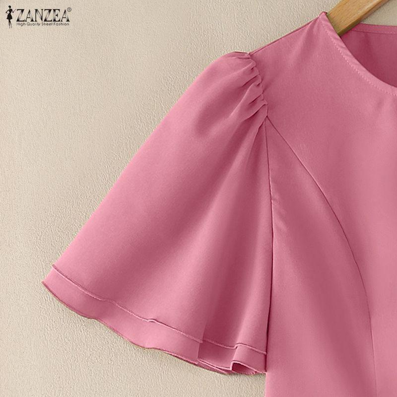 ZANZEA Women Casual Round Neck Solid Color Ruffles Short Sleeve Blouse