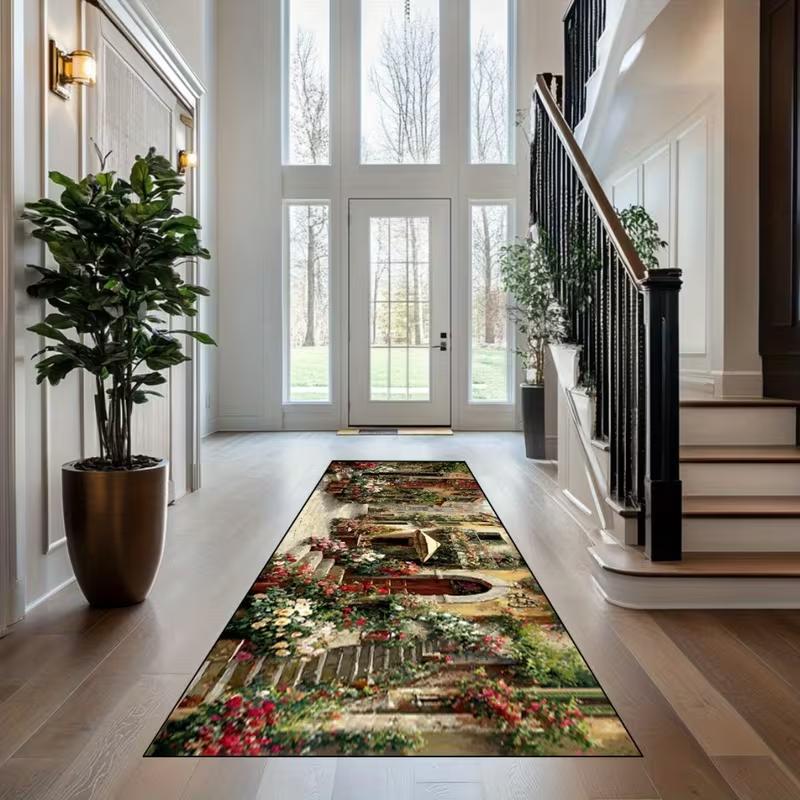 European Street Scene Runner Carpet Warm Toned Floral Architecture Painting Old Town Landscape Hallway Floor Mat Home Decor
