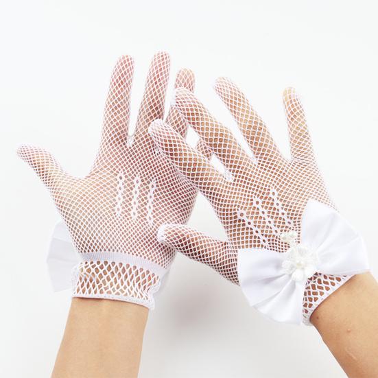 Lace Short Gloves for Little Girls 4-8 Years Tea Party Wedding Flower Gloves with Bow Kids Princess Dressing Gloves for First Communion Wedding Prom