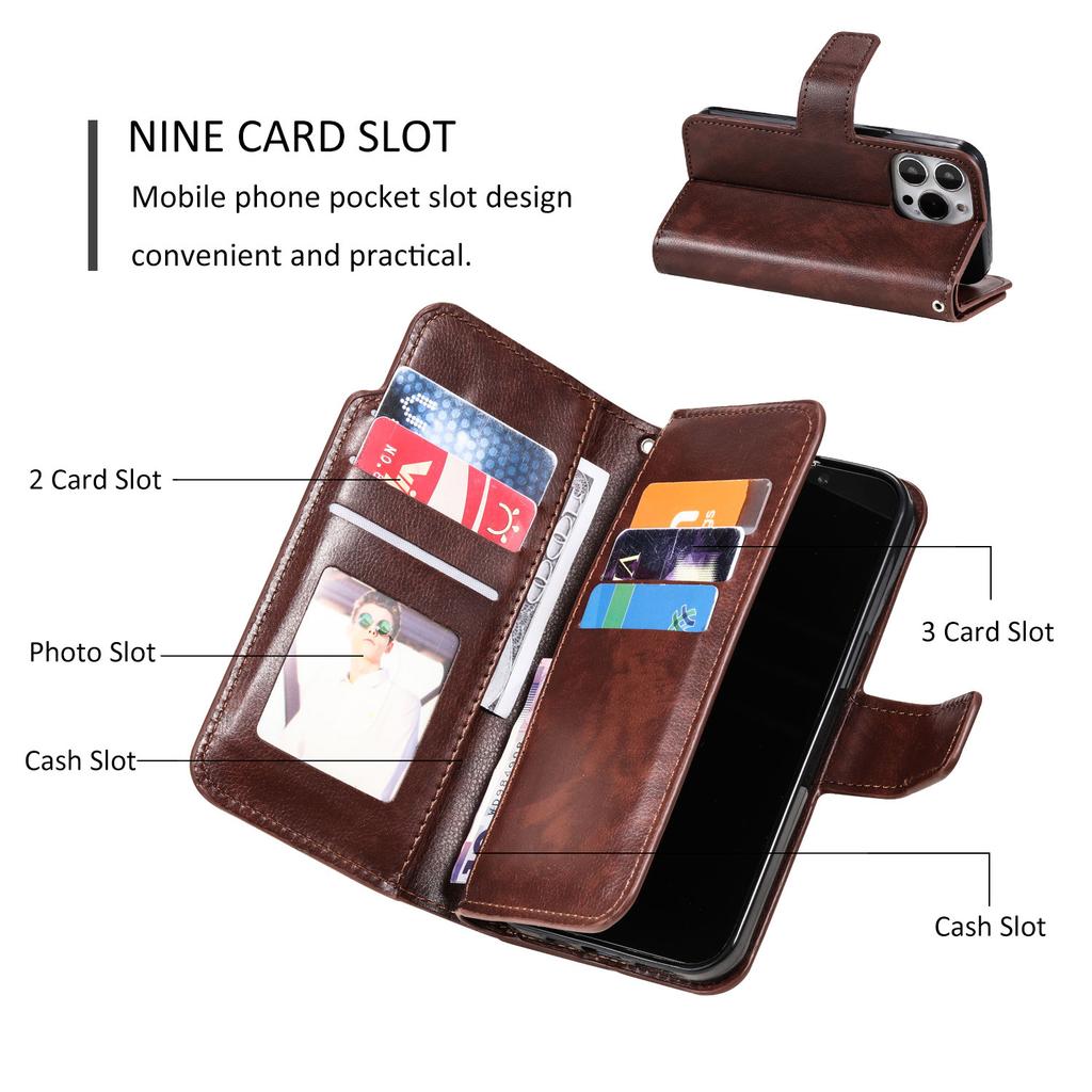 Applicable to iPhone14 mobile phone leather case 13Pro solid color nine-card card wallet holder protective case 13mini