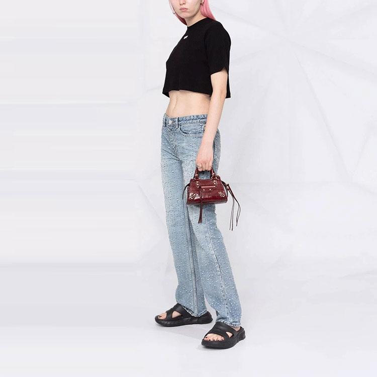 Off-White Off Stamp Ribbed Cropped Tee Black/White Women Tops OWAA081C99JER0011001
