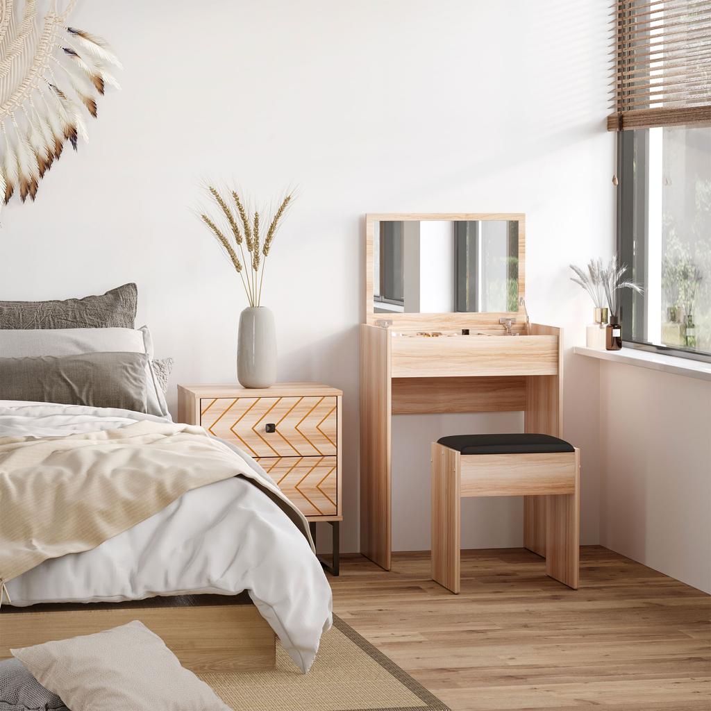Dressing Table with Mirror and Stool, Vanity Makeup Table with Flip Up Mirror, Vanity Desk with Storage Unit and Padded Seat, Wood