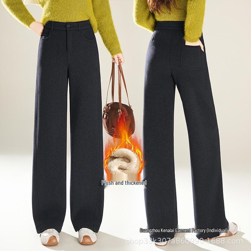

Women s Autumn Winter Plush-Lined Elastic Waist Straight Leg Pants 4XL темно-синього кольору