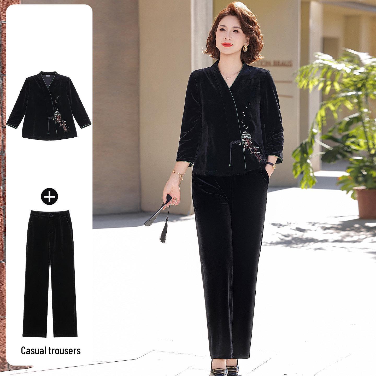 

Elegant Golden Velvet Tang Suit Set for Wealthy Ladies - New Spring/Autumn 2026 Style for Middle-Aged & Elderly Women XL (Below 105 lbs recommended)