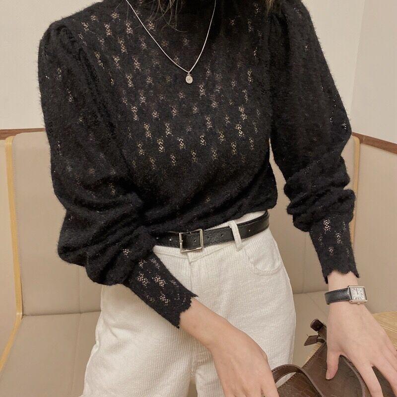 Hollow Out Frosted Lace Blouse Spring Autumn Top Women Korean Slim Fit Zippered Half High Collar Base Shirt