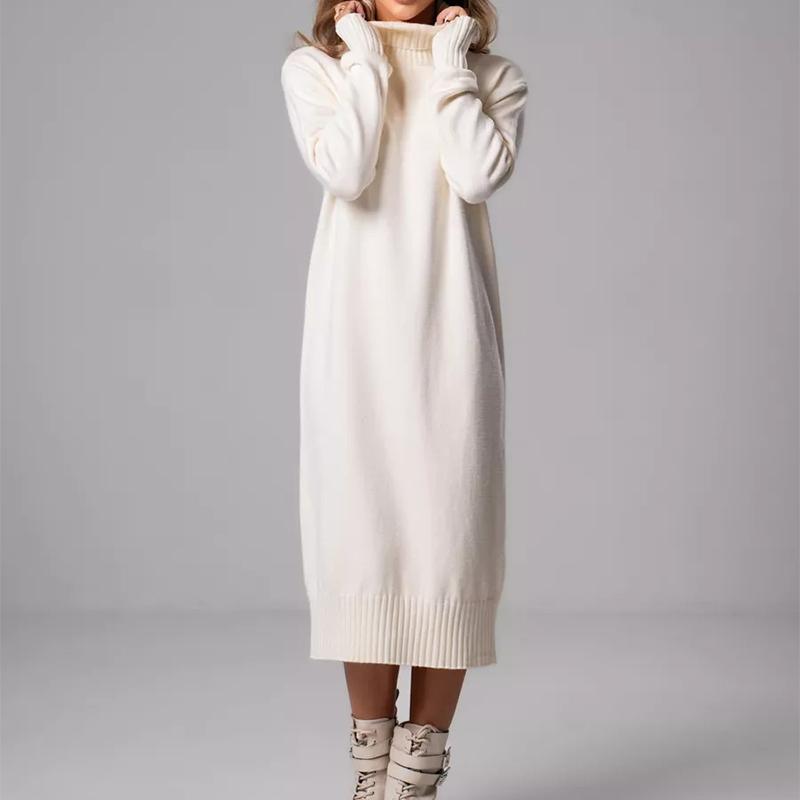 Ribbed Turtleneck Knitted Dress Women Autumn Winter Basic Long Sleeve Sweater Dress Woman Solid Color Long Dresses Female