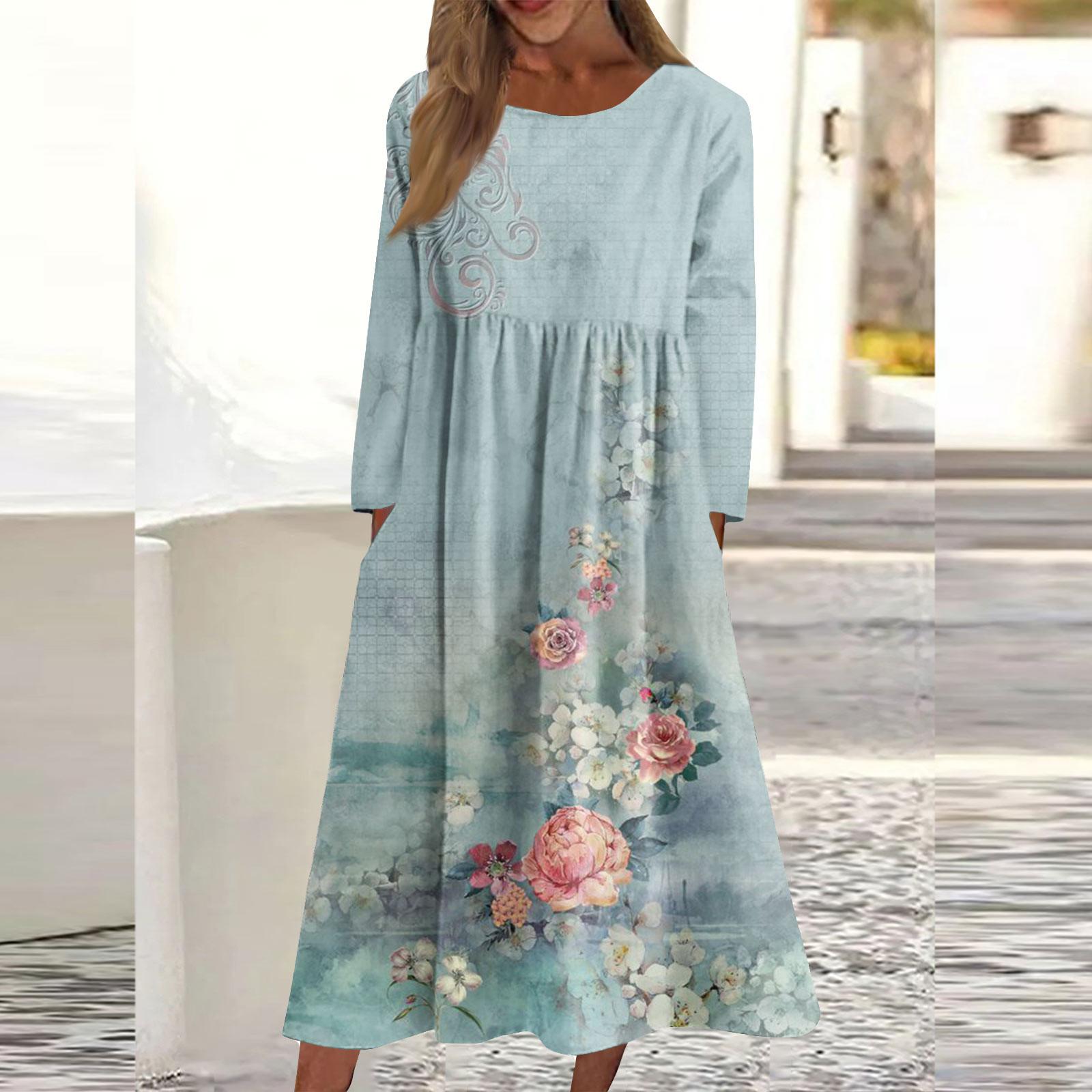 

Женское повседневное платье средней длины с круглым вырезом и принтом, карманное платье с длинными рукавами XL