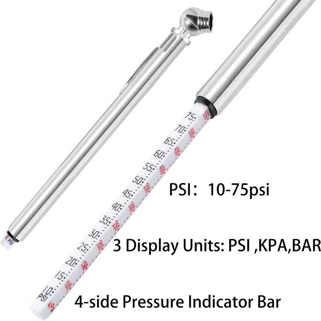 PINKJOY Pencil Tire Pressure Gauge (10-75PSI) Stainless Steel Body and Metal Made Nozzle 3 Measurements for Vehicles (3 Pack)