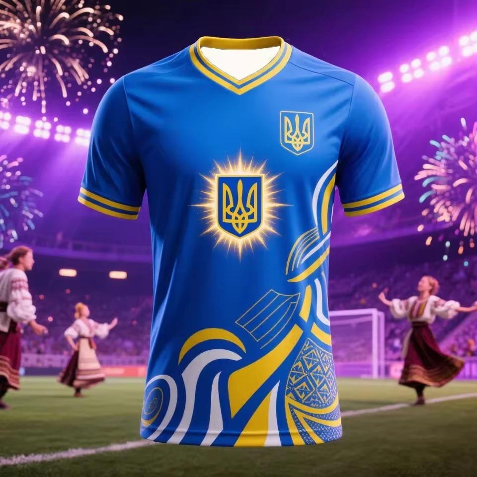 Fußballtrikots mit dem ukrainischen Dreizack-Logo, blau-gelbes Flaggen-Design, 3D-Druck, kurze Ärmel, Familienstil.
