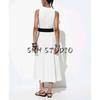 Summer Women's Clothing Loose with Belt Round Neck Contrast Color Trim Poplin Sleeveless Midi Skirt Dress 0387081