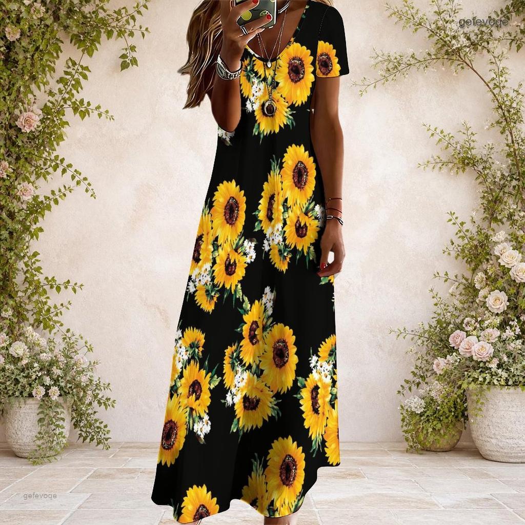 Women Plus Size V Neck Short Sleeve USA Flag Printed Maxi Dress
