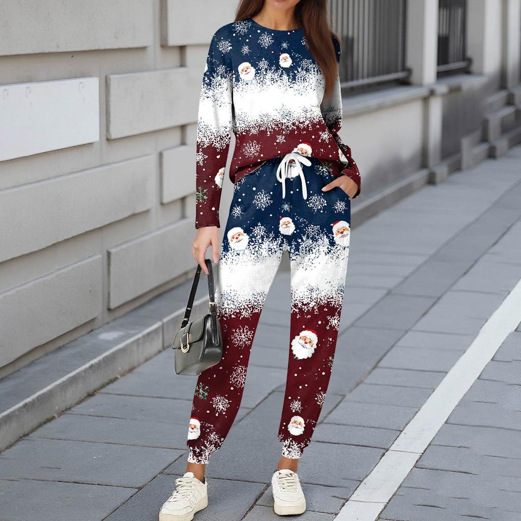 Sets For Women 2 Piece Round Neck Long Sleeve Shirts Printed Sweatpants Pocket Sets