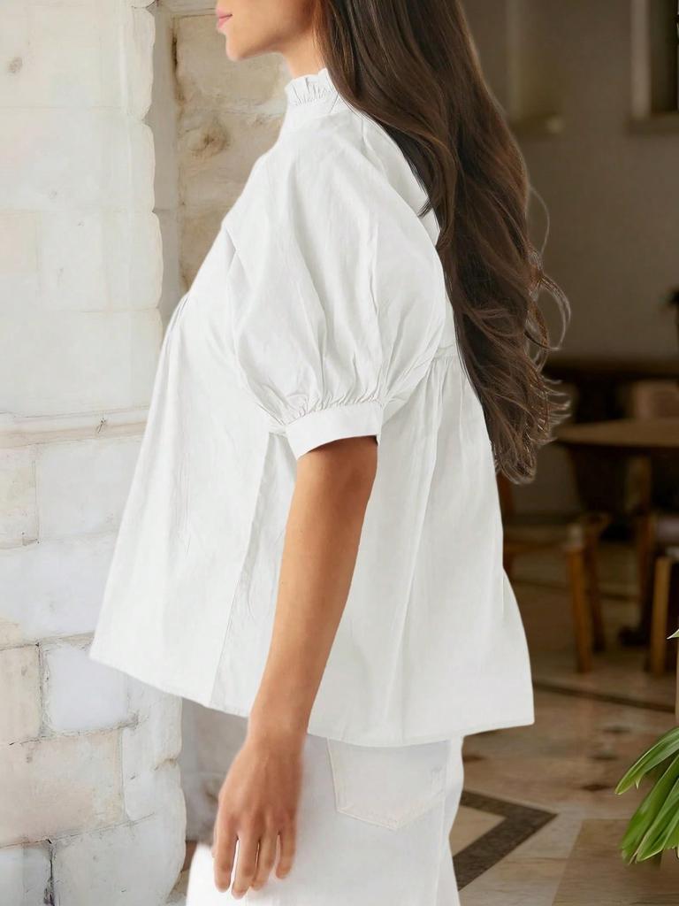 Women's Puff Sleeve V Neck Babydoll Blouse Peplum Pleated Loose Dressy Casual Top