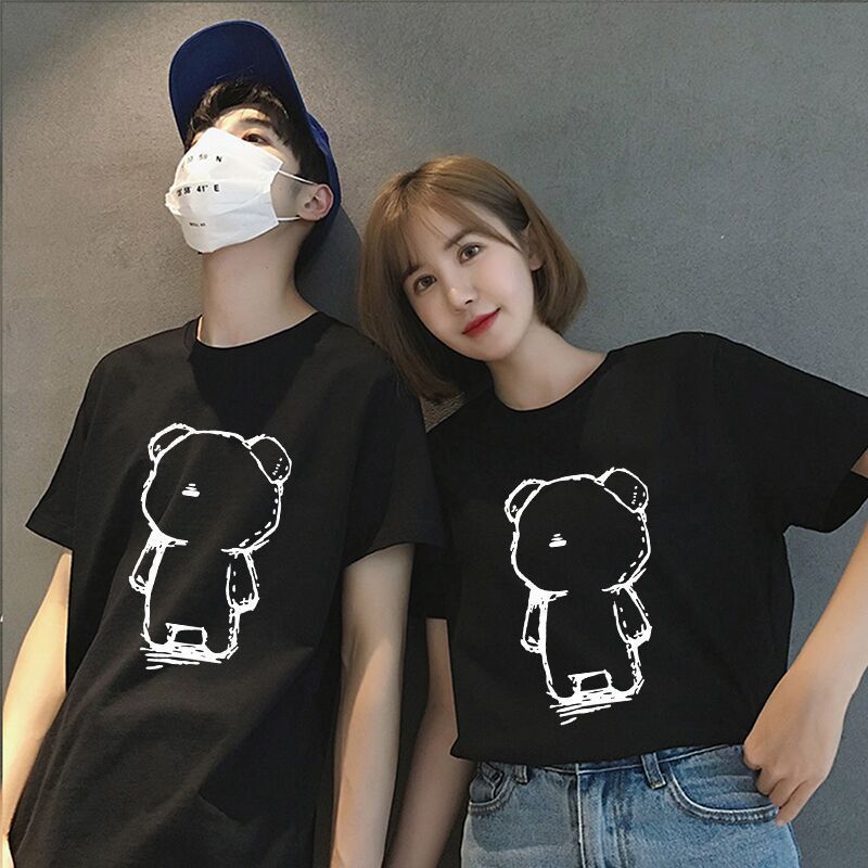 New summer couple's wear men's and women's front shoulder short-sleeved t-shirt loose clothes ins trendy half-sleeved t-shirt