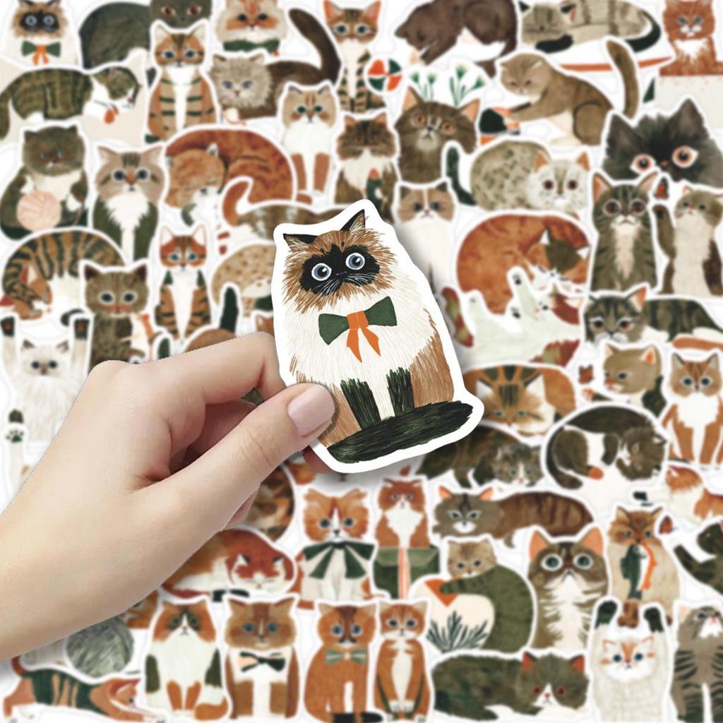 64 Artistic Hand-painted Cat Stickers: Healing Cute Journal, Notebook Decoration, Cultural Creative Design
