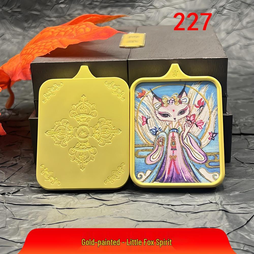 Hand-Painted Gold Nine-Tailed Fox Thangka Pendant Necklace