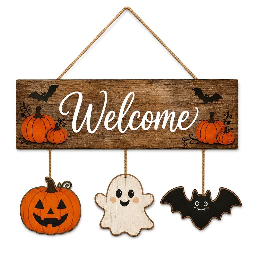 2D Flat Pumpkin Ghost Bat Wood Plaque Wear-Resistant Rustic Welcome Board Pendant Home Outdoor Use