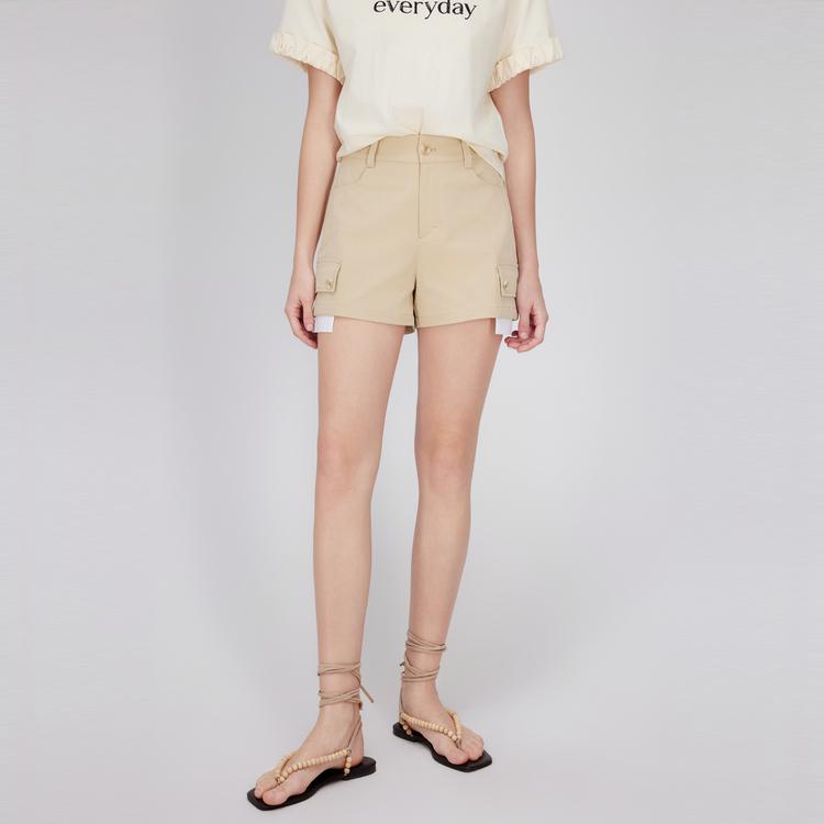ELLE Solid Color Mid-Rise Zipper Three-Quarter Casual Shorts Women shorts Khaki EK48319