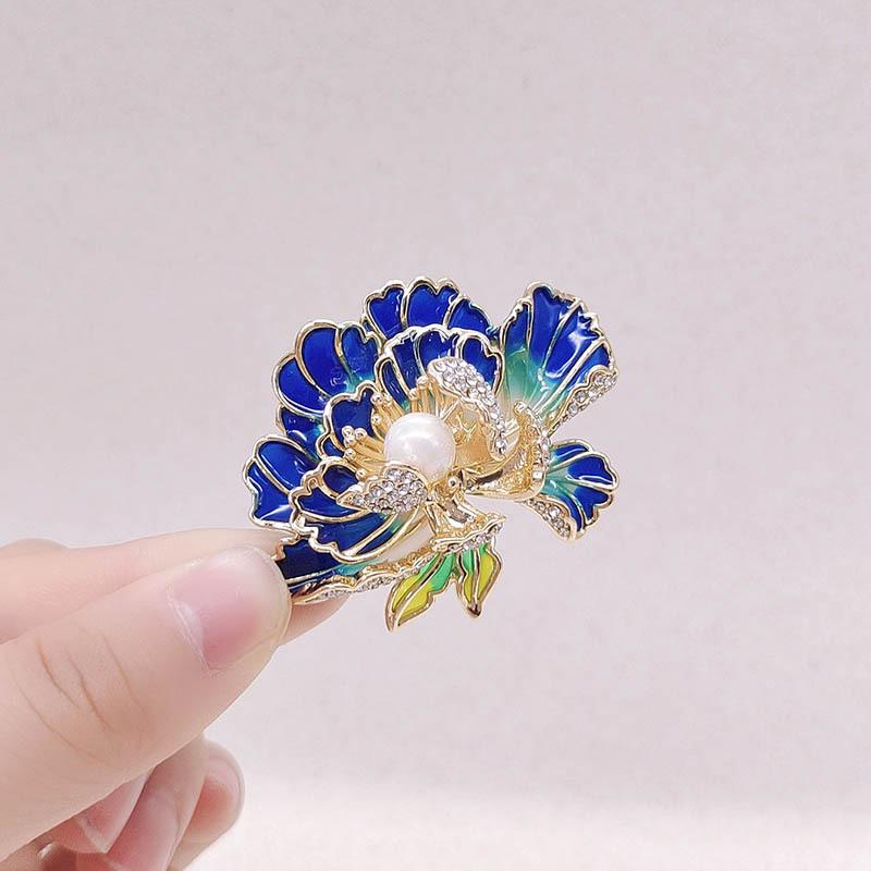 Elegant Chinese Style Enamel Peony Brooch For Women Girls Delicate Pink Blue Purple Flower Pearl Brooch Pins Party Jewelry Gifts