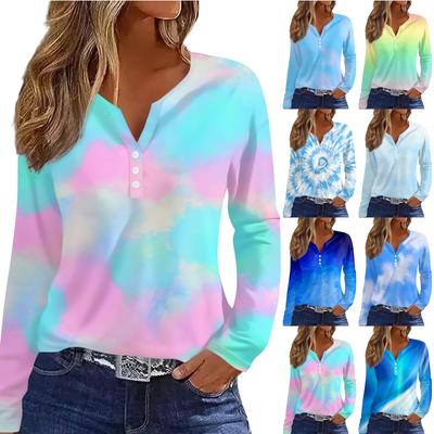 Women's Fashion Casual Printed V-neck Long Sleeve Button Up T-shirt Top