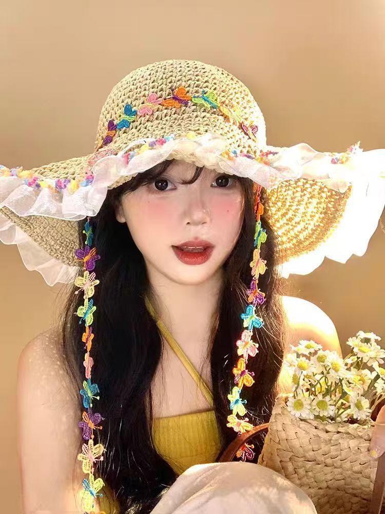 Straw hat women's summer new big-brimmed sun hat lace lace sunscreen seaside vacation hat breathable face