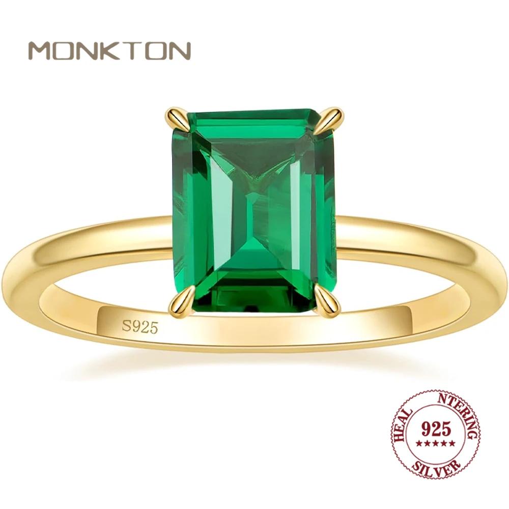 Monkton 100% 925 Silver Engagement Rings for Women 3CT Solitaire Created Green Emerald Wedding Band Promise Jewelry