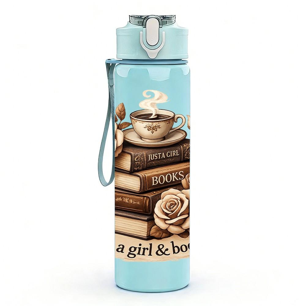 1PC Vintage Books Rose Coffee Print 750ml Color Plastic Sports Water Bottle Leakproof Flip Straw Lid Suitable for Sports Office Home Use