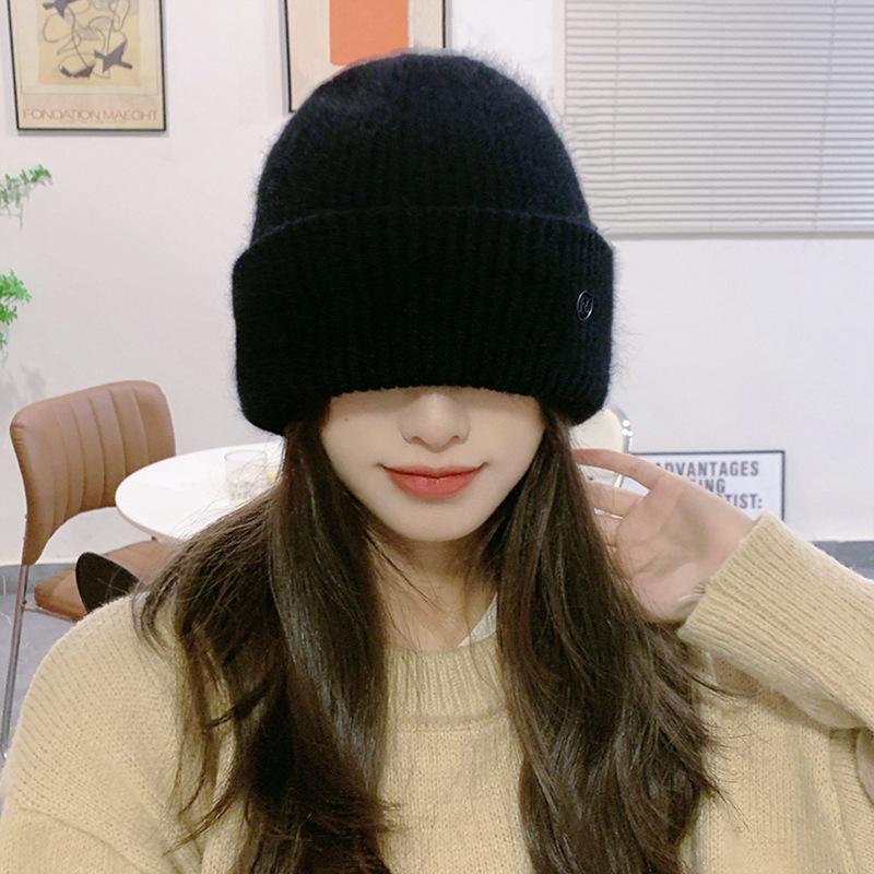 Winter new hat female cute white wool hat big head circumference thickened warm rabbit hair ear protector knitted hat