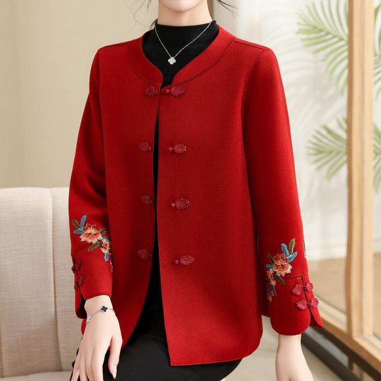 Mom's Autumn Woolen Coat Middle-aged Women's Autumn and Winter Wedding Dress Middle-aged and Elderly Mother-in-law's Red Coat Embroidered