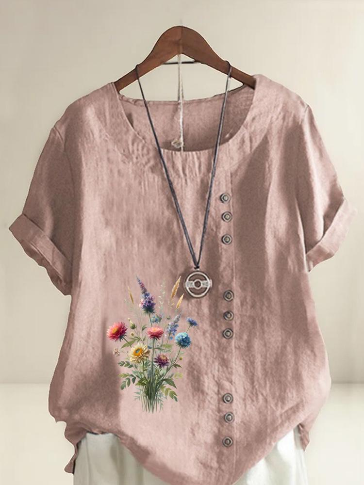 

Women s Fashion Flower Printing Casual Cotton Linen Short Sleeve Round Neck T-shirt Shirt Leisure Loose Summer Blouse Tops S розовый