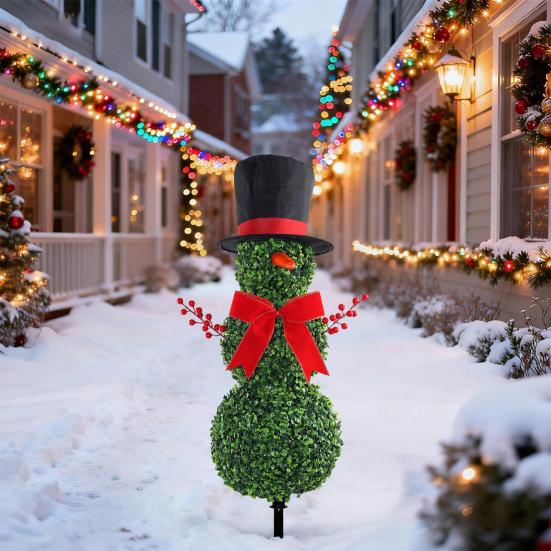 Christmas Snowman Topiary 31" Artificial Snowman Shaped Topiary Tree with Red Bow Santa Hat Faux Boxwood Topiary for Home Front Porch Garden Decor
