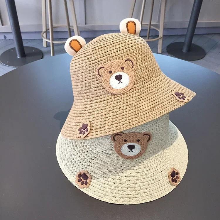 2025 New 3D Cute Bear Kids Dinosaur Cartoon Sun Hat UPF50+ Wide Brim Straw Summer Beach Cap For Baby Boys Girls Sun Protection