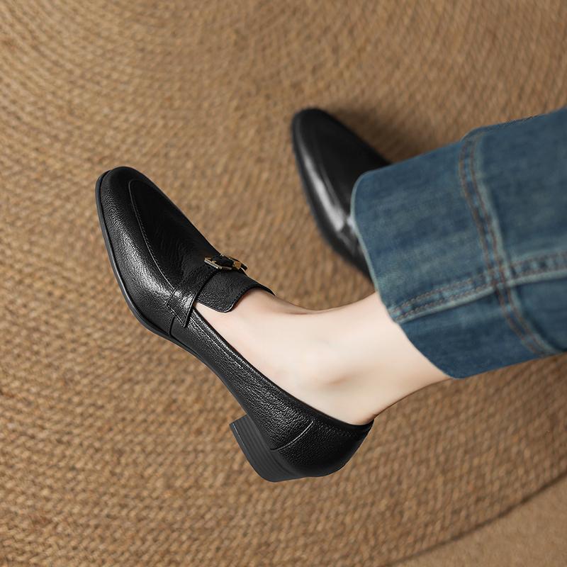 Fashion 2025 NEW Spring Women Loafers Square Toe Chunky Heel Shoes Genuine Leather Shoes for Women Slip-on Women Pumps Handmade Shoes