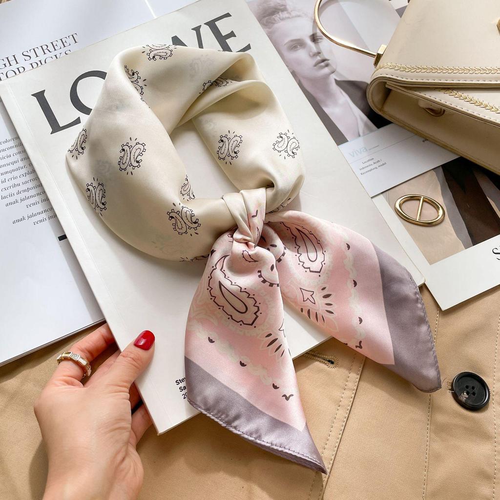 French Retro Silk Women's Square Scarf - Cashew Print, Versatile, High-End Accessory