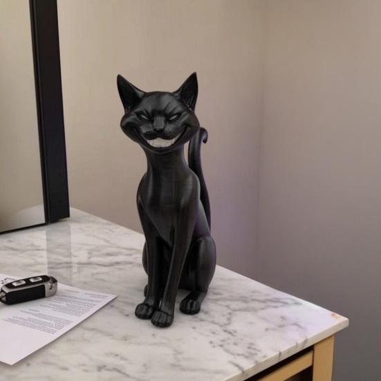 Unique Witchy Desk Decor 3D Printed Grinning Black Cat Statue, Sitting Figurine, Dark Small Crafts for Shelves Style Sculpture, Halloween Decorative