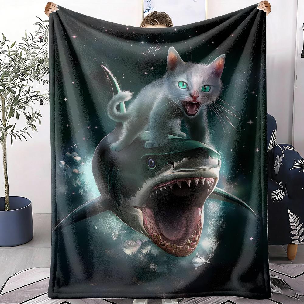 Cat Riding a Shark Throw Soft Flannel AC Blanket Lightweight Summer Nap Throw Cozy  Blanket for Sofa Bed Travel Home