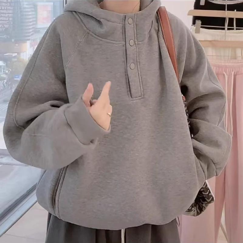 Women's Gray Fleece-Lined Hoodie - 2025 New Style, Autumn/Winter Casual, Loose Fit, Versatile Thick Outerwear