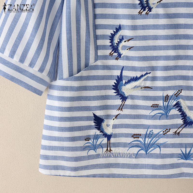 ZANZEA Blusa Feminina Casual Gola Redonda Manga Meia Estampa Listrada