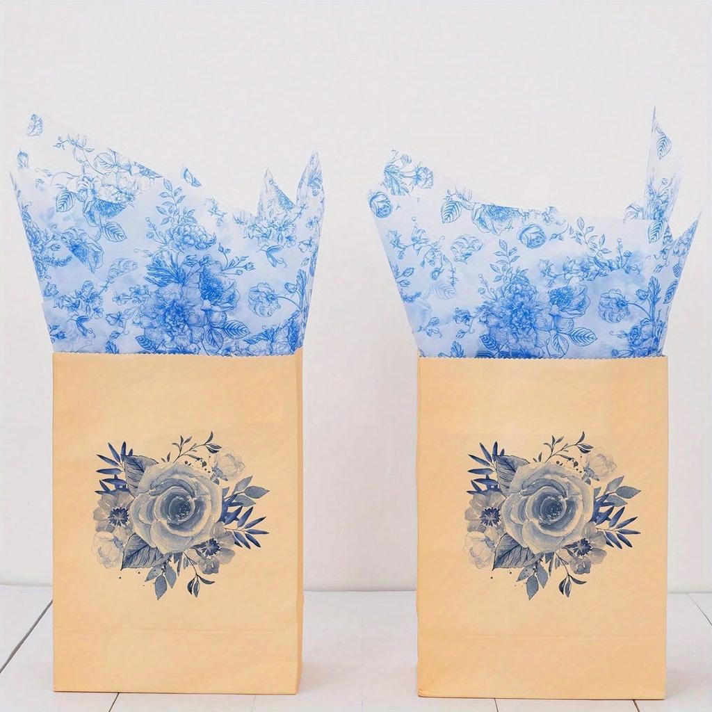 1 Set/ 20 Stück Großformatiges Blaues Floral Seidenpapier, Geschenkpapier, Vintage Blaues Und Weißes Blumen-Kunstdruckpapier Für DIY-Bastelarbeiten