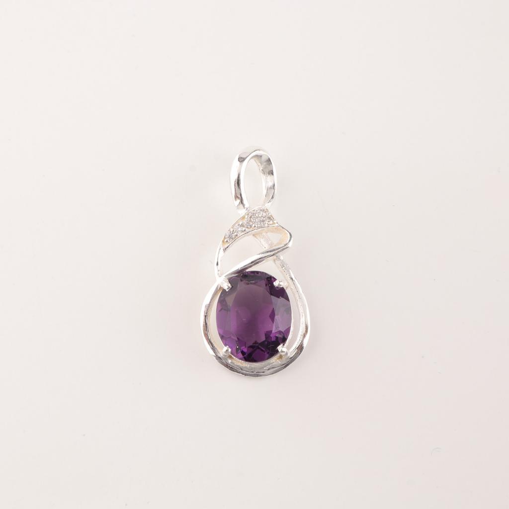 Natural Amethyst Gemstone 925 Sterling Silver Boho Jewelry Zircon Pendant 1.22" CZP-13-1