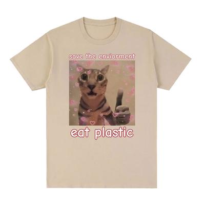 Save The Environ Unisext Eat Plastic Funny Cat Meme T-Shirt  Unisex  Unisex Casual Fashion High Quality T Shirt 100% Cotton Oversized Tees Unisex