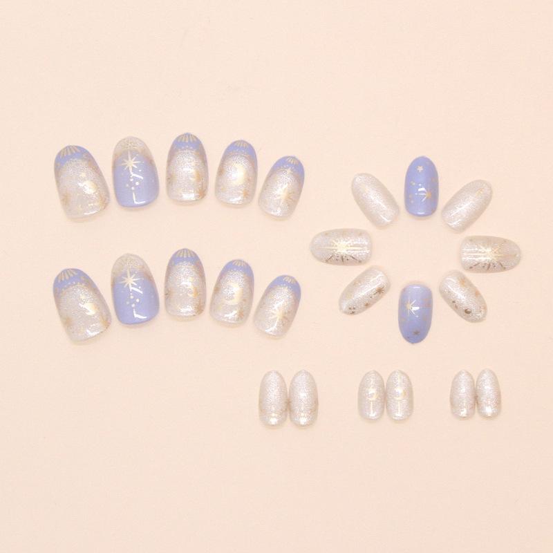 Wear nail fine shining stars moon French sweet versatile gentle fake nail removable nail art piece 24 pieces