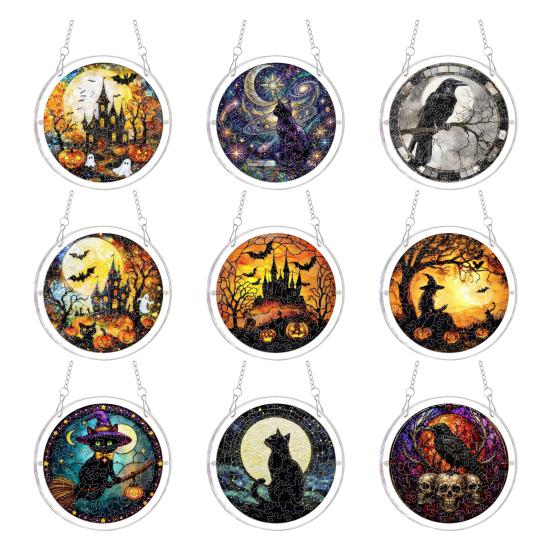 Yousheng Acrylic Puzzle Suncatcher, Halloween Black Cat Castle Raven DIY Sun Catcher Kit, Stained Glass Window Hanging Ornament for Home, Garden