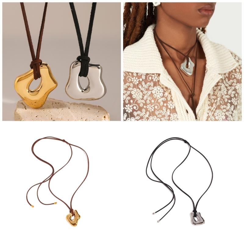 Trendy Irregular Geometric Metal Pendant Necklace Stylish Wax Rope Neckchain Handmade Jewelry Gift for Women Girls