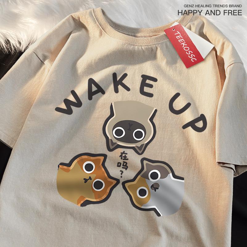 Wake Up 3 Onlookers Of Cats Japanese Style Menswear Cotton Tee Clothes T-Shirts Oversized Quality Shirts Fashion Crewneck Tshirt
