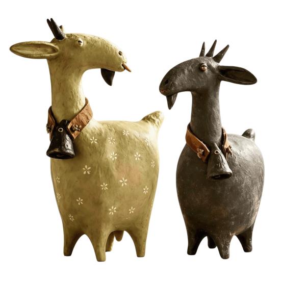 Rustic Fireplace Decor Vintage Goat Figurines with Bell Collar, Farmhouse Animal Desktop Artistic Room Ornaments Statues, Countryside Home Ornament