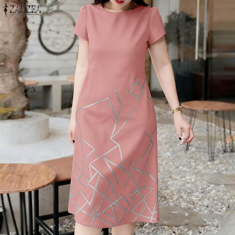 ZANZEA Women Casual Round Neck Summer Short Sleeve Print Dress